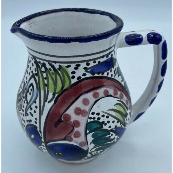 Hand Painted Talavera Mexican Pottery Creamer 4.5" Fish  Floral Design Vintage - Picture 1 of 5